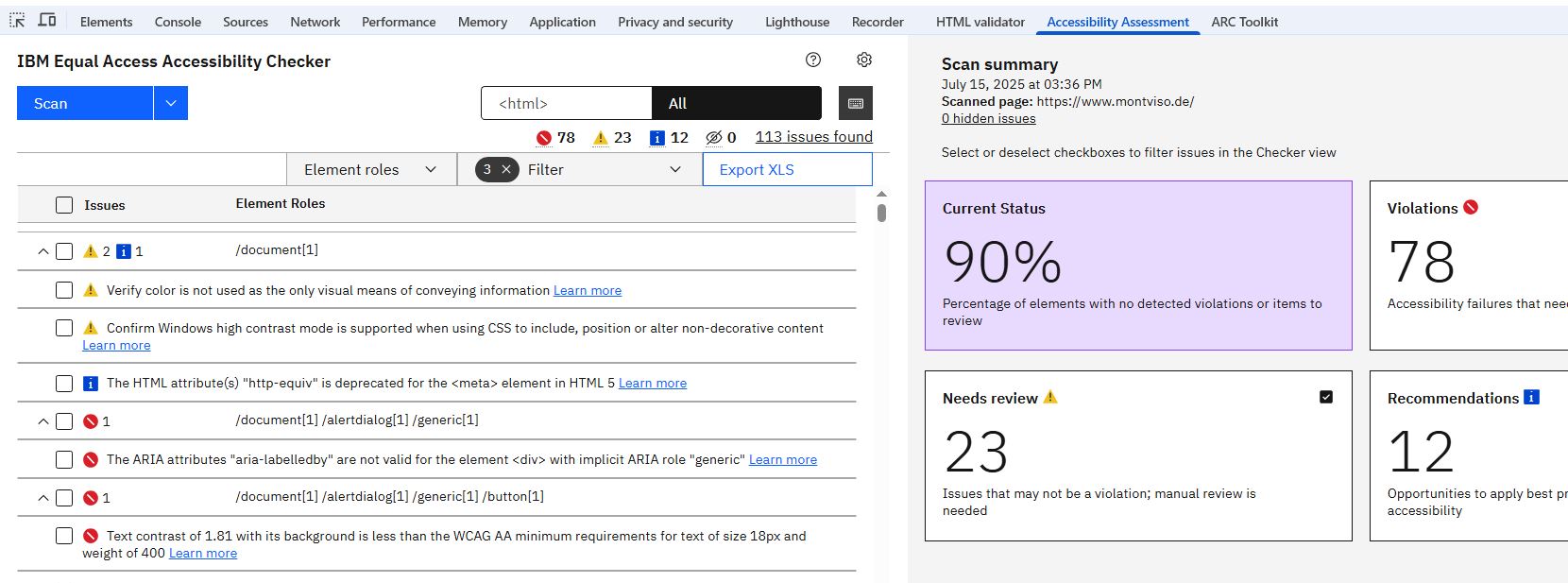 IBM Equal Access Accessibility Checker im Chrome Entwicklungstool