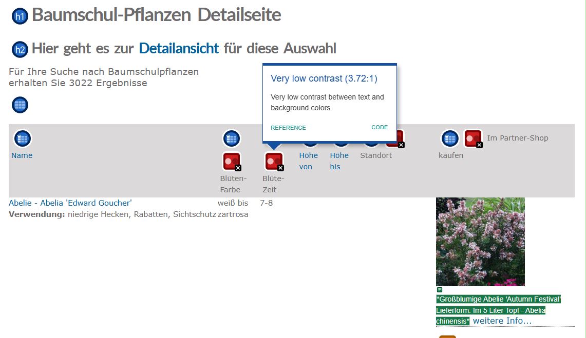 WAVE zeigt fehlenden Farbkontrast auf einer Webseite an