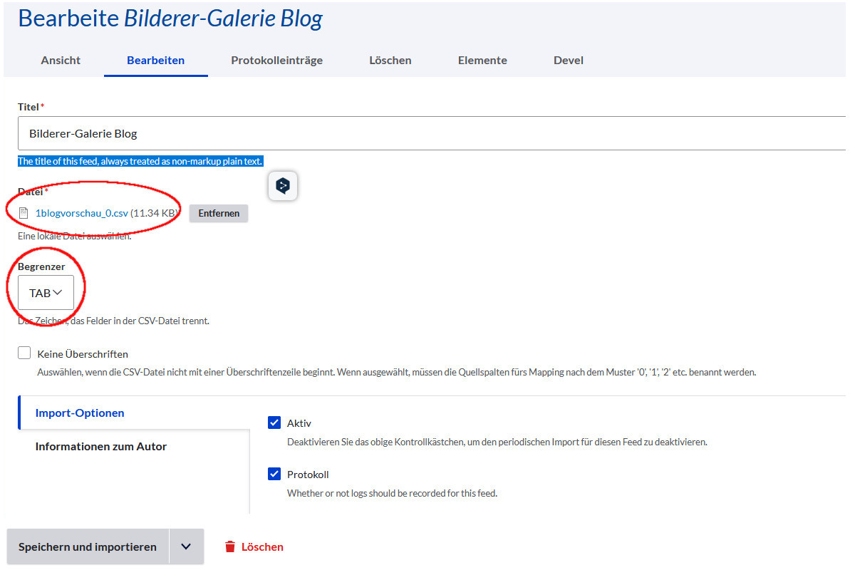 Drupal Feed Anlegen, Datei auswählen und Import durchführen