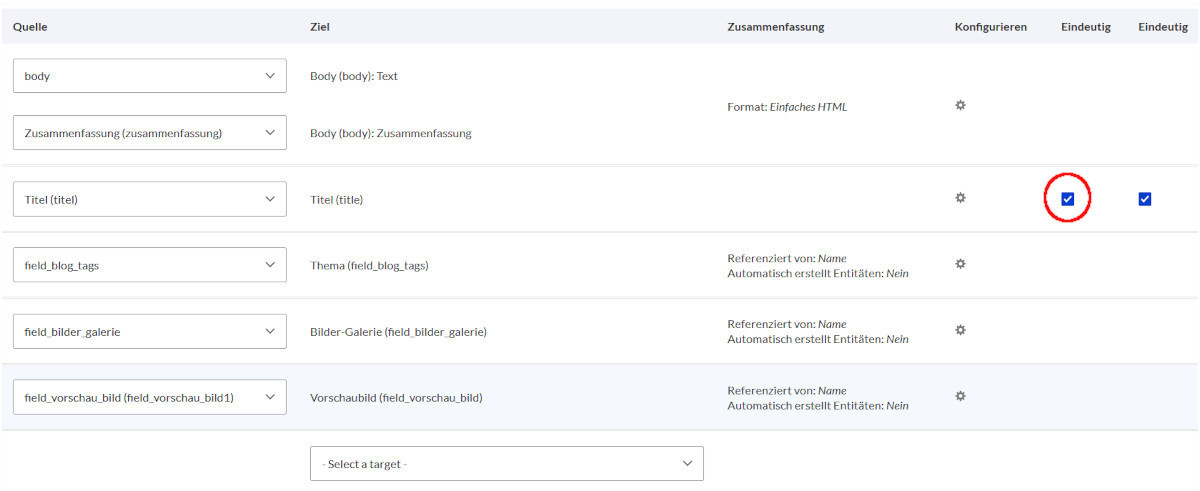 Feeds Mapping zwischen den Spalten unserer CSV und den Feldern des Inhaltstyps - Feld als eindeutig definieren