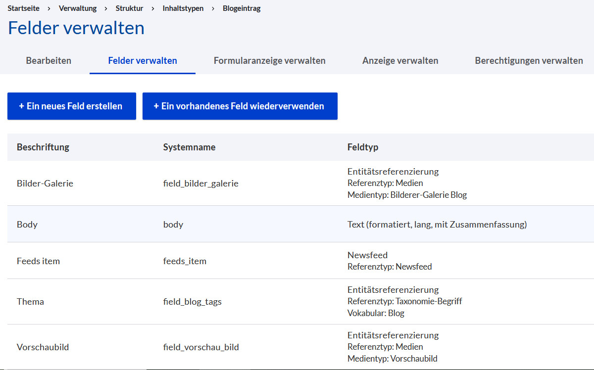 Inhaltstyp anlegen mit Referenz auf die Medien