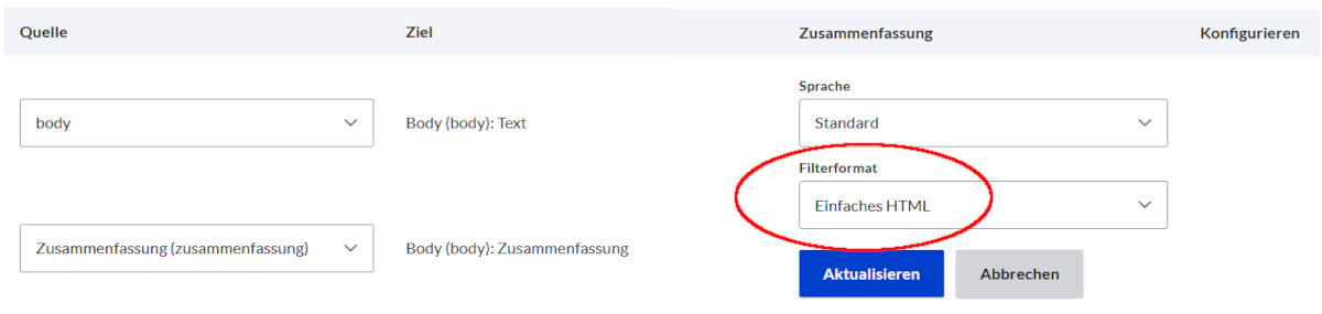 Feeds Mapping zwischen den Spalten unserer CSV und den Feldern des Inhaltstyps - Textformat für Body definieren