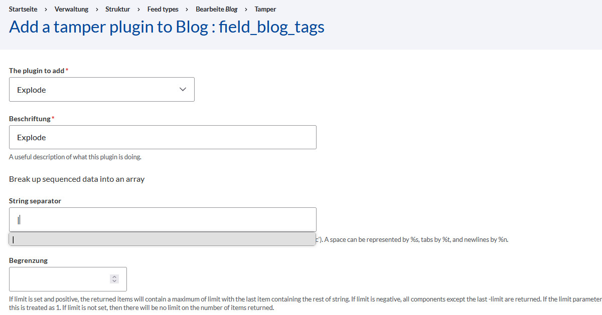 Unter Tampers Plugin Explode für Split von Mehrfachfeldern auswählen