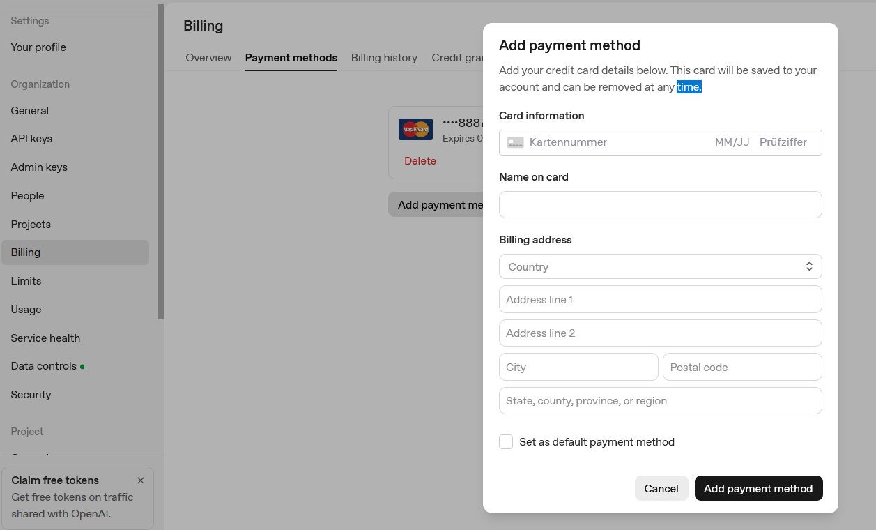 openai-API-Key Zahlungsmethode hinzufügen
