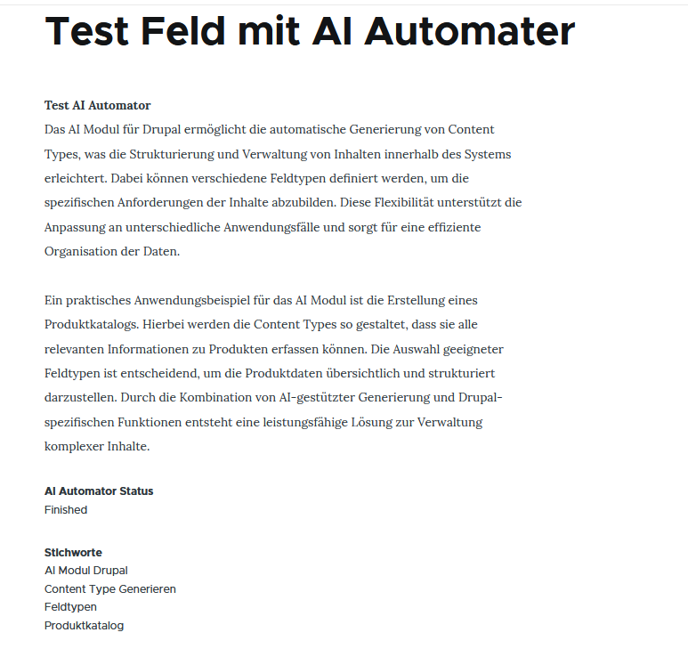 Ergebnis der Textgenerierung aus Stichworten mit AI Automator in Drupal
