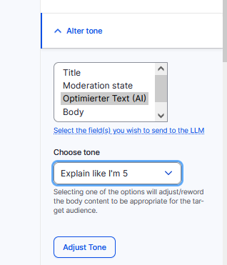 Optimiere mit Alter Tone vom Drupal Module AI Content Suggestions einen Text für Fünfjährige