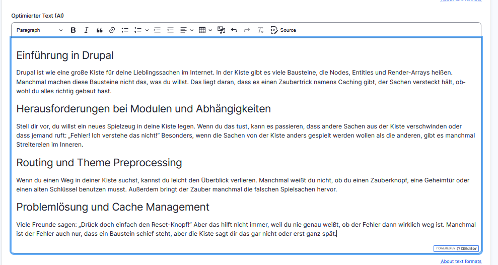 Mit Alter Tone vom Drupal Module AI Content Suggestions optimierter Text für Fünfjährige