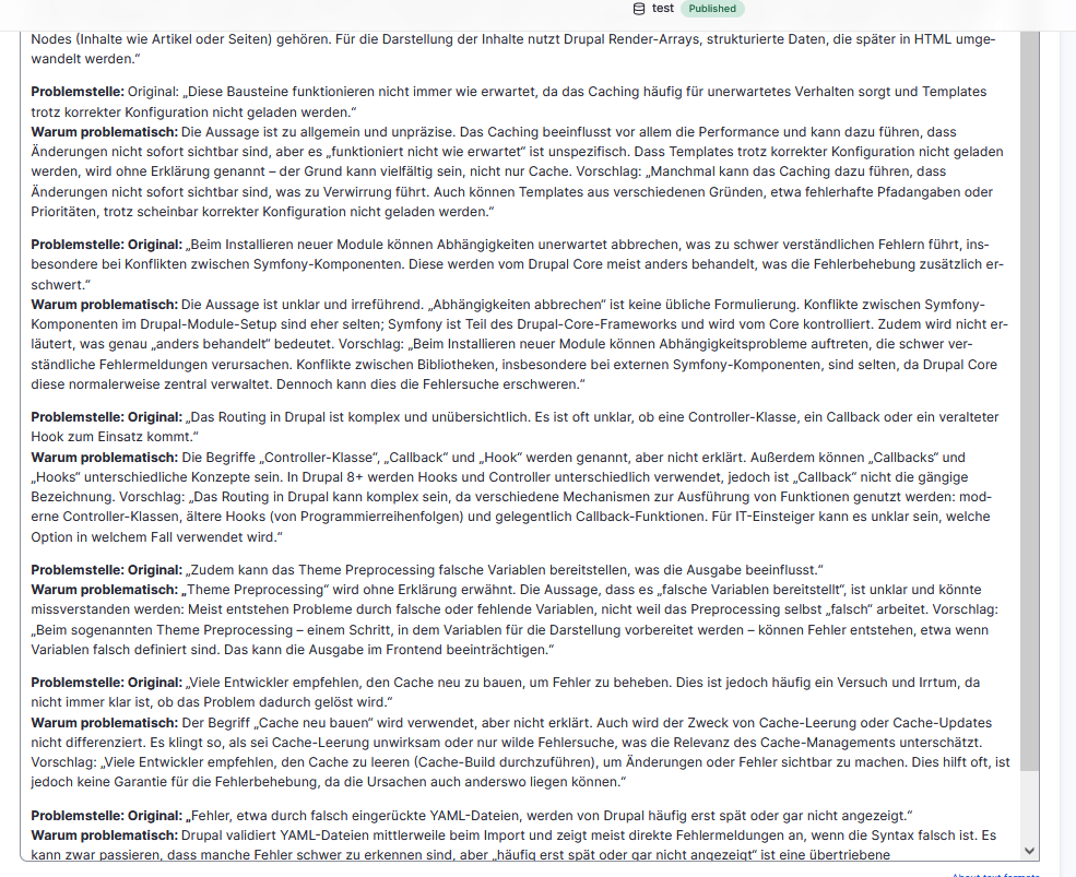 Ergebnis des Faktenchecks mit AI Content Suggestion Modul von Drupal