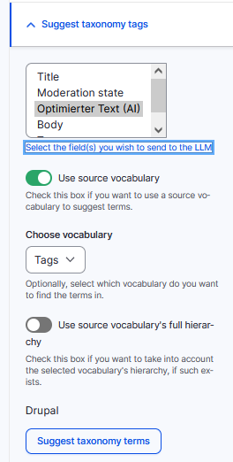 Suggest taxonomy tags Auswahl beim Anlegen / Pflegen eines Node-Inhalts in Drupal MIT Auswahl einer Taxonimy