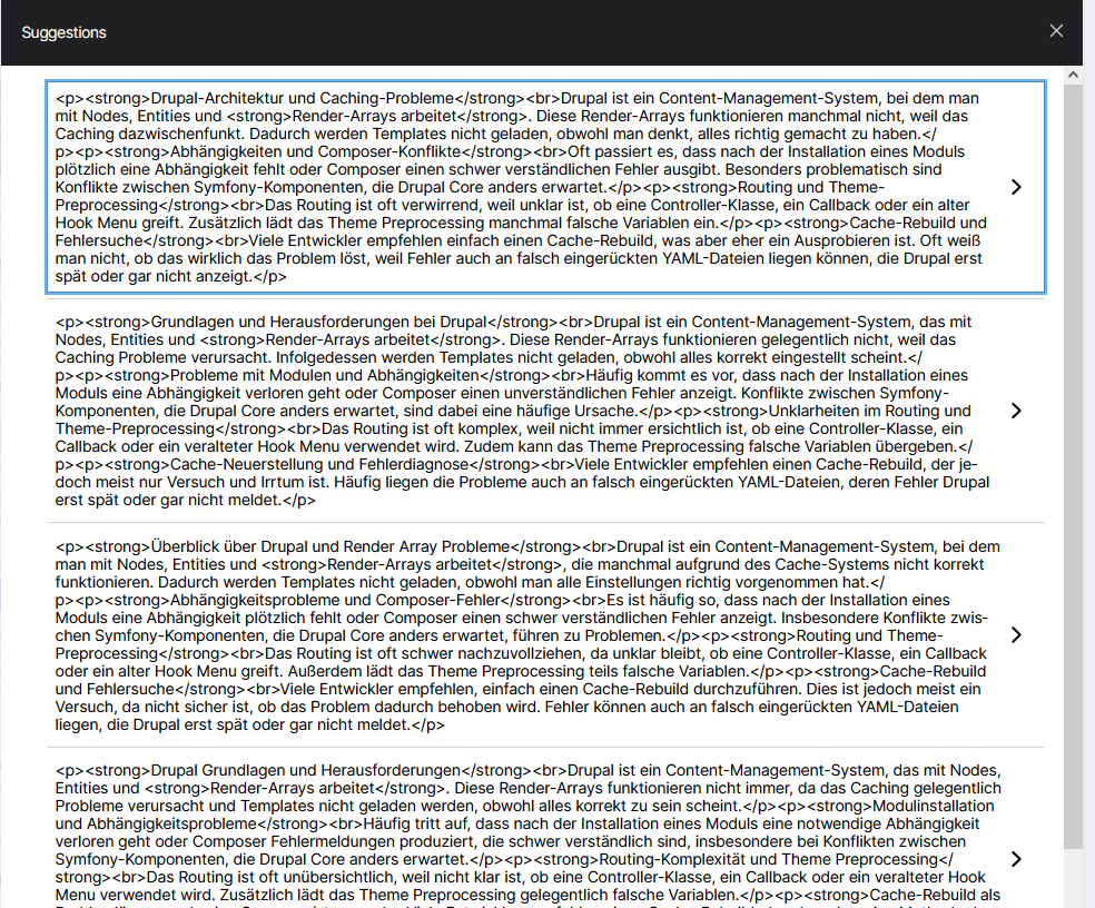AI Content Suggestions direkt im Feld - Ergebnis