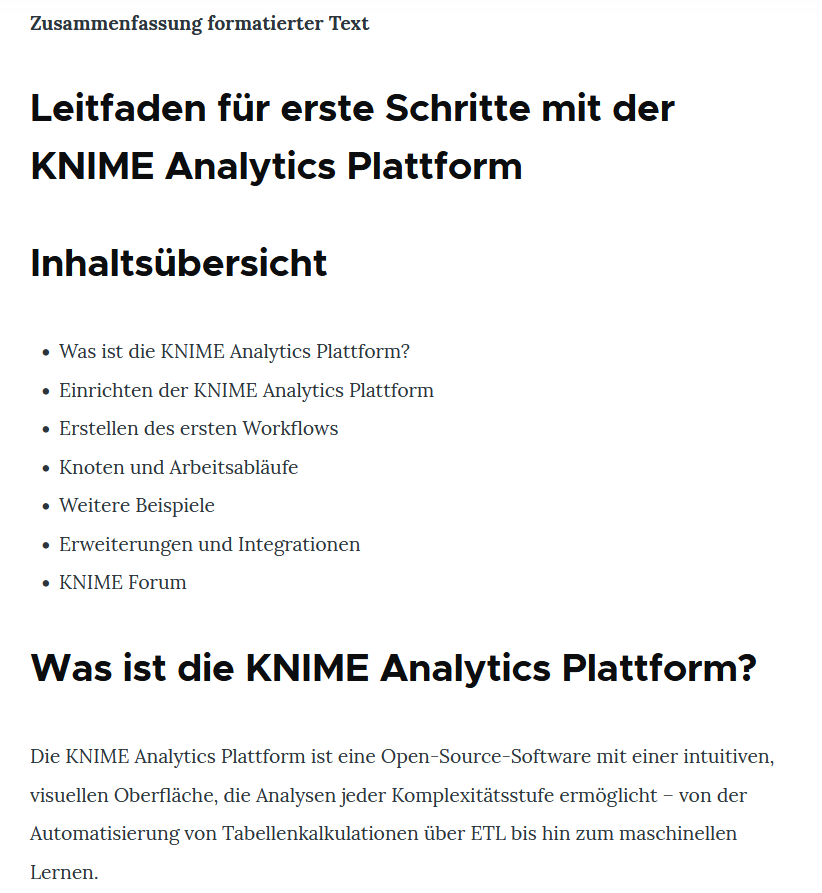 Ergebnis der Übersetzung und Zusammenfassung eines PDF mit Drupal und künstlicher Intelligenz
