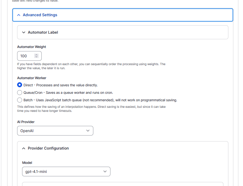AI Automator zusätzliche Einstellungen